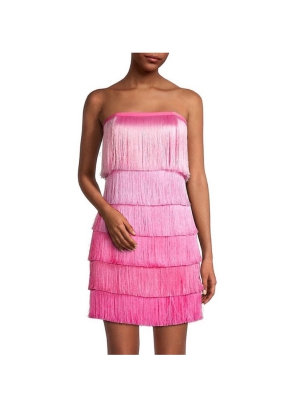 Milly Pink Ombre Fringe Strapless Midi Dress